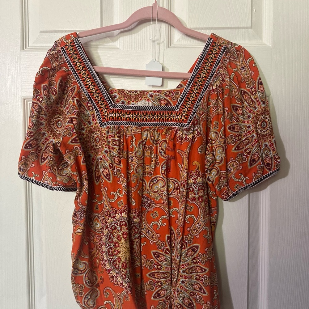 ONE WORLD Smocked Puff Sleeve Blouse in Orange and Blue